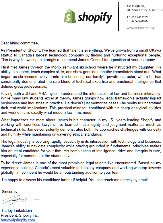 Lettre de recommandation de Harley Finkelstein, président de Shopify Inc.