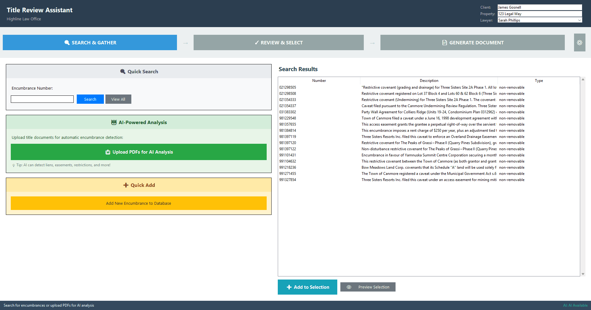 Title Review Assistant showing the encumbrance database and review interface