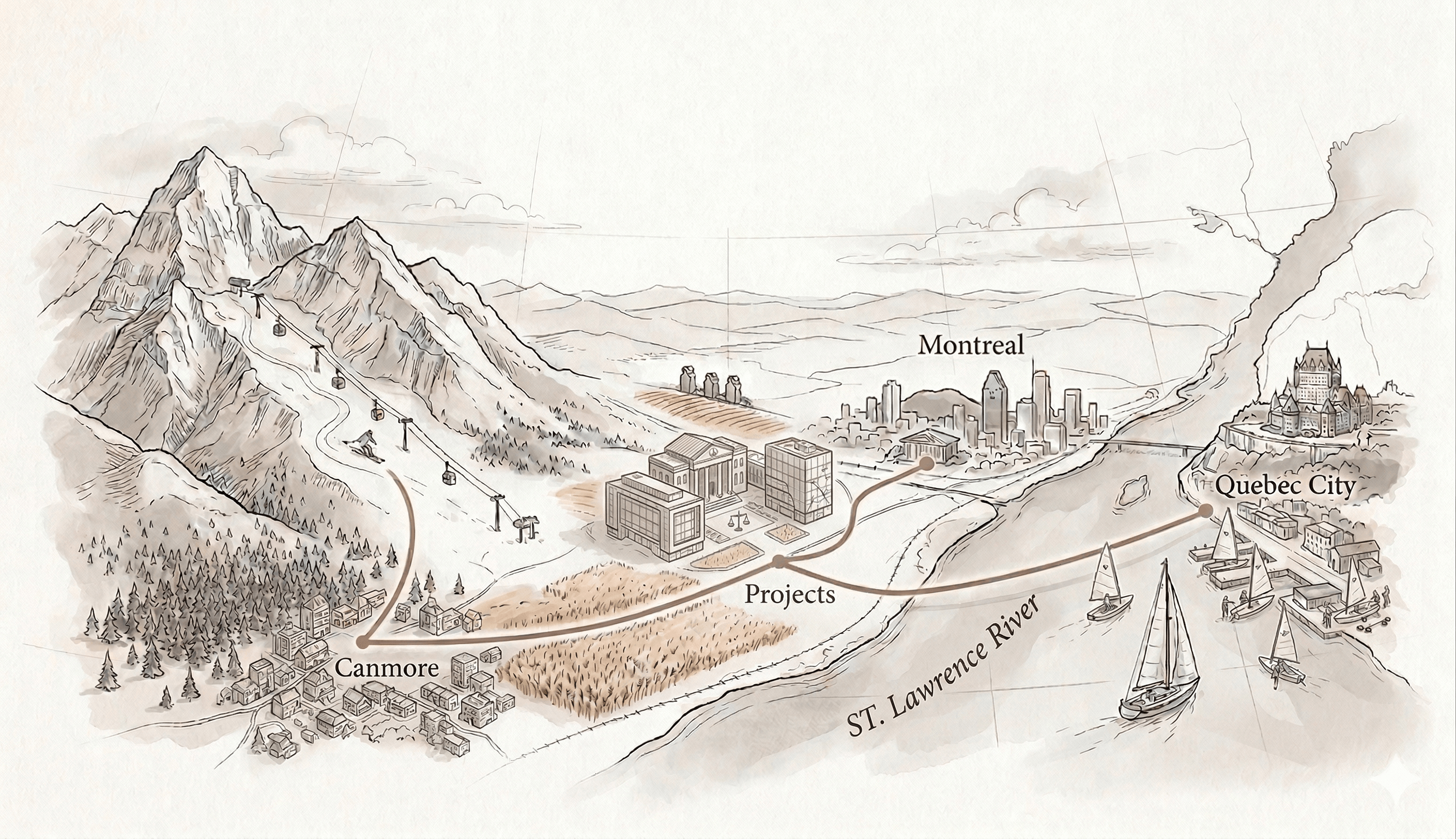 James R. Gosnell's interactive map — illustrated landscape from Canmore through Montréal to Québec City, with navigation points to projects, legal writing, skiing, and sailing